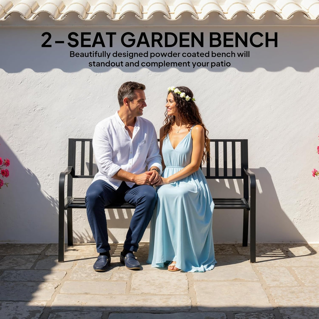 50" Outdoor Garden Bench Patio Bench with Slatted Seat Metal Black | Porch Bench, Backyard, Poolside, Lawn