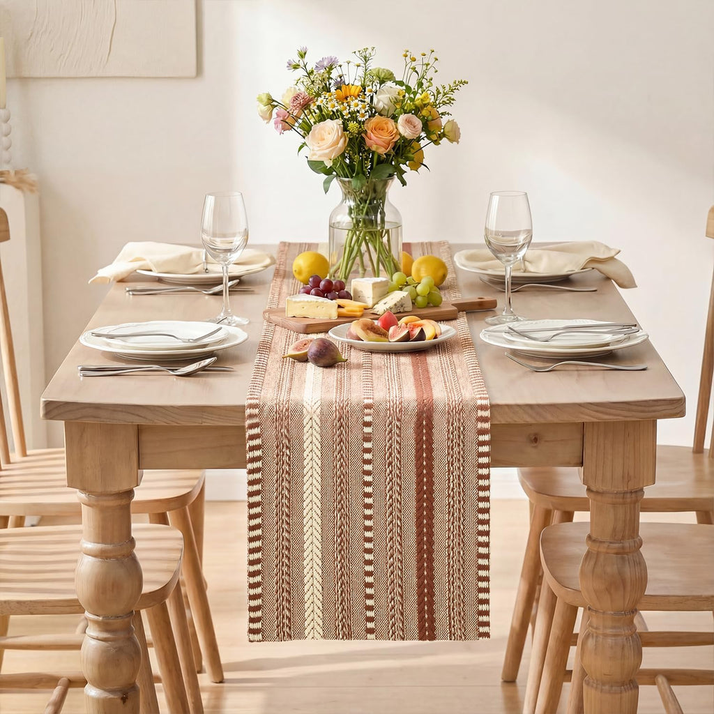 Caramel Farmhouse Stripe Braided Table Runner 12x120 Inch