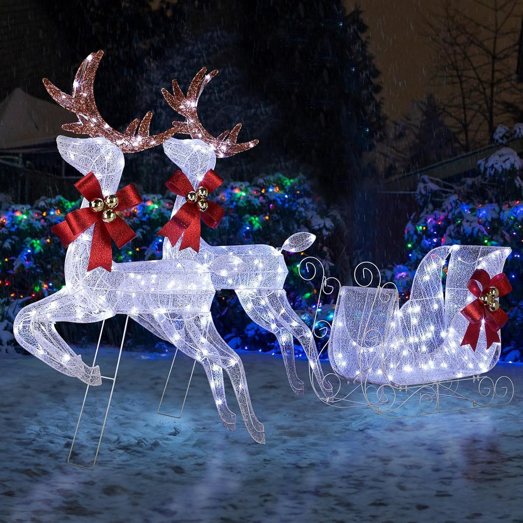 Christmas Decorations: Lighted Reindeer & Sleigh Outdoor Display, Multicolor, 270 LED Lights, Weatherproof, Easy