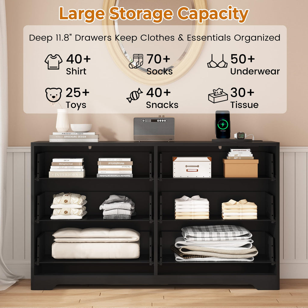 Fluted 6-Drawer Bedroom Dresser with Power Outlets & USB Ports, Modern Handleless Design in White, Oak, Black &