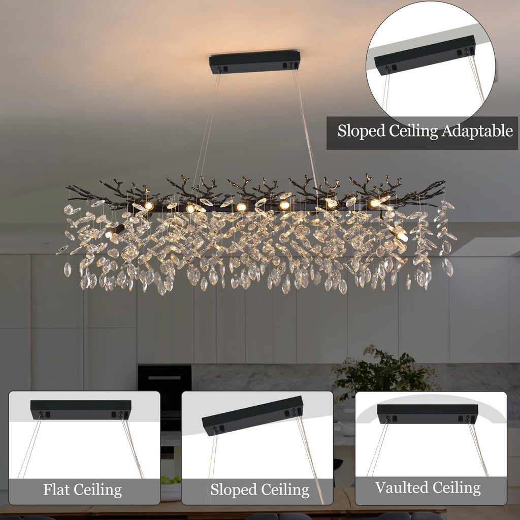 Modern Rectangle Crystal Tree Branch Chandelier, L47.3'' Luxury Black Linear Art Deco Raindrop Pendant Lighting