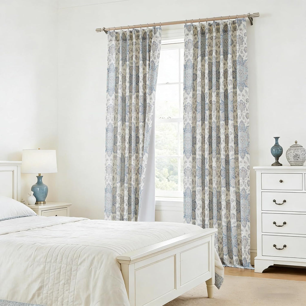 Navy Blue Floral Print Pinch Pleated Light Filtering Curtains with Microfiber Liner Linen Blended Textured Vintage