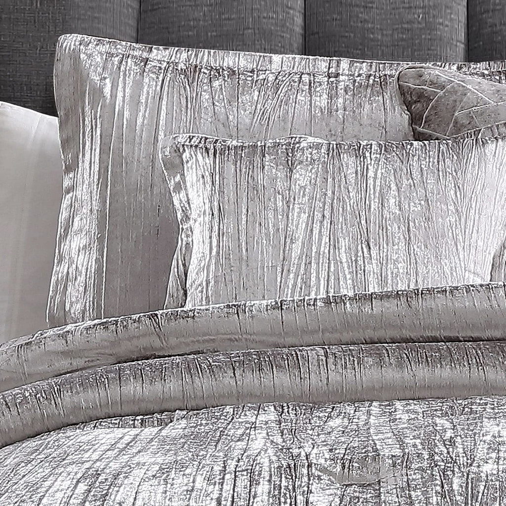 Turin Crinkle Velvet Comforter Bedding Set, Queen Size, Glam Textured Décor, Silver, 7 Pieces