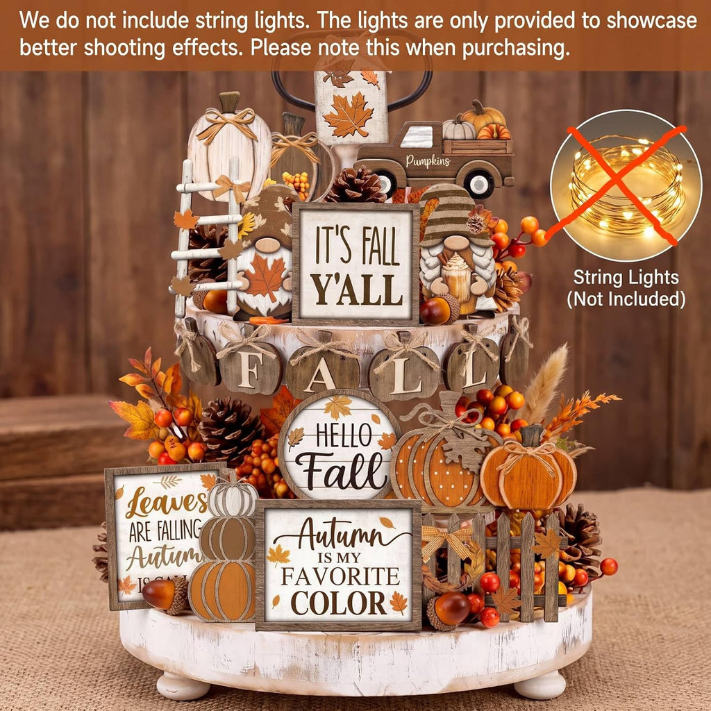 Fall Tiered Tray Decor Set, Thanksgiving Wooden Table Sign - Set of 20
