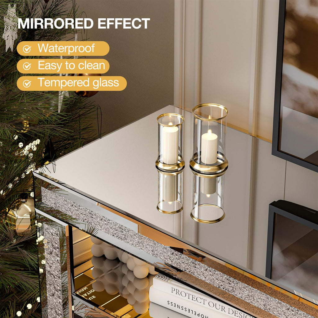 Mirrored Fireplace TV Stand for 65+ inch TV, Silver TV Console Table with Crushed Diamond and LED, Modern Media