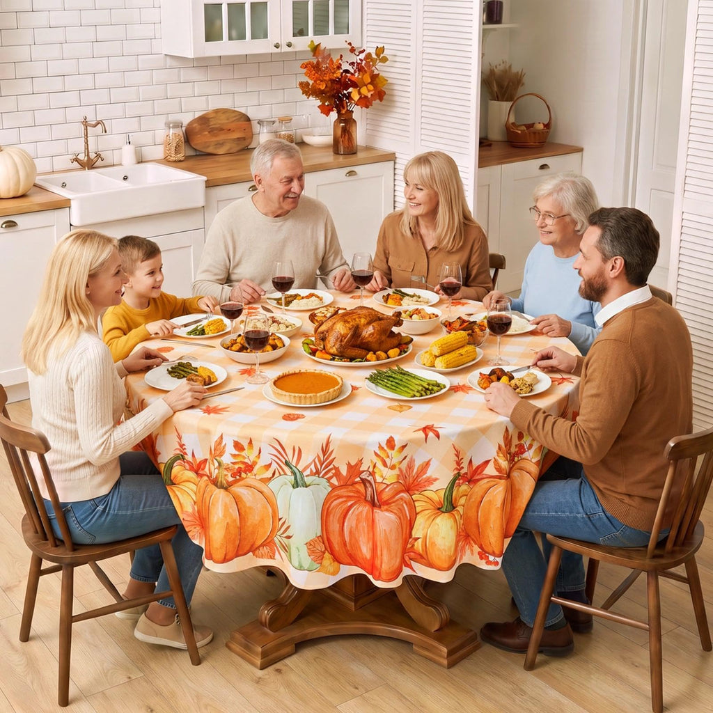 Fall Tablecloth Round, Orange Buffalo Plaid with Pumpkins