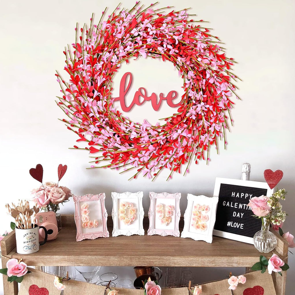 20IN Valentines Wreaths for Front Door Decorations, Pink Forsythia Valentine Wreath, Spring Summer Wreath