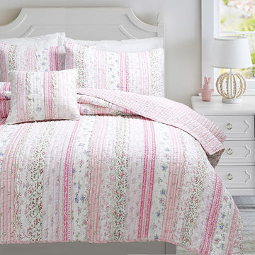 Shabby Chic Pink Flower Lace Ruffle Stripe 100% Cotton Reversible Quilt Bedding Set, Coverlet, Bedspread (Pink