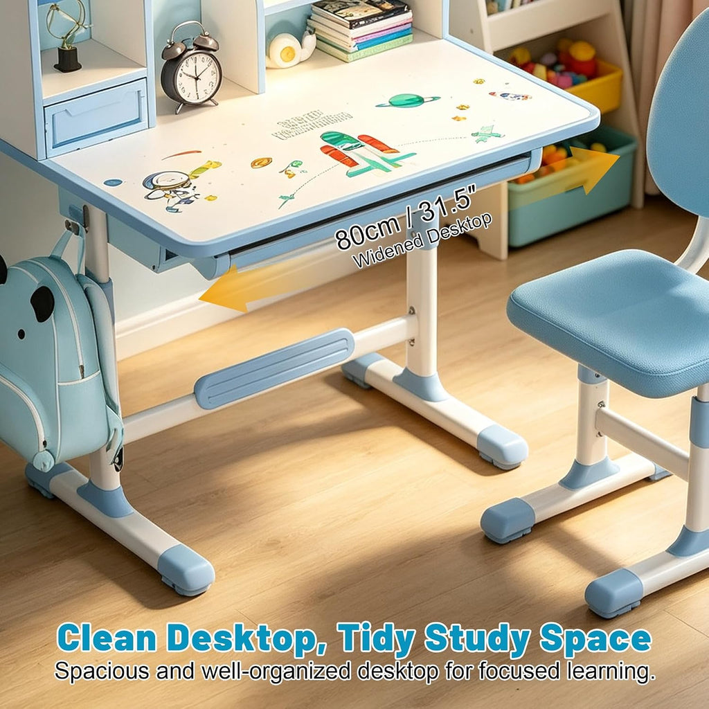 Kids Study Desk and Chair Set, Height Adjustable Kids Table with Drawer