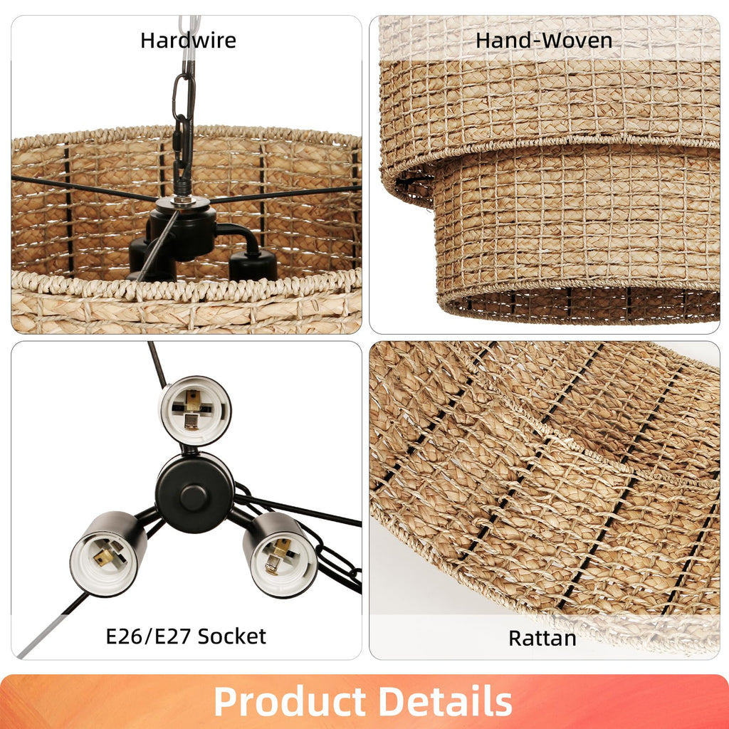 3-Light Boho Large Rattan Chandelier Light Fixture