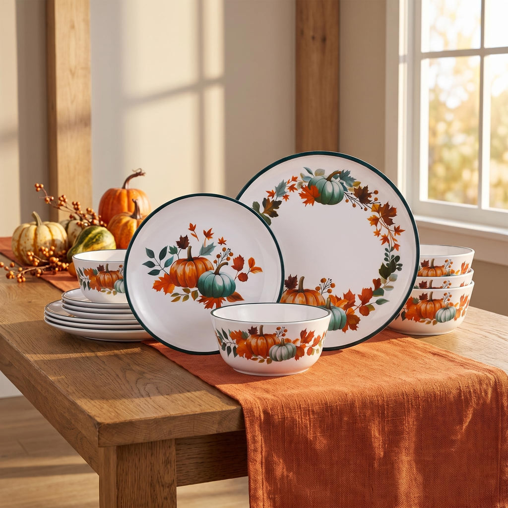 12-Piece Melamine Dinnerware Set for 4, Fall Pumpkin Plates and Bowls