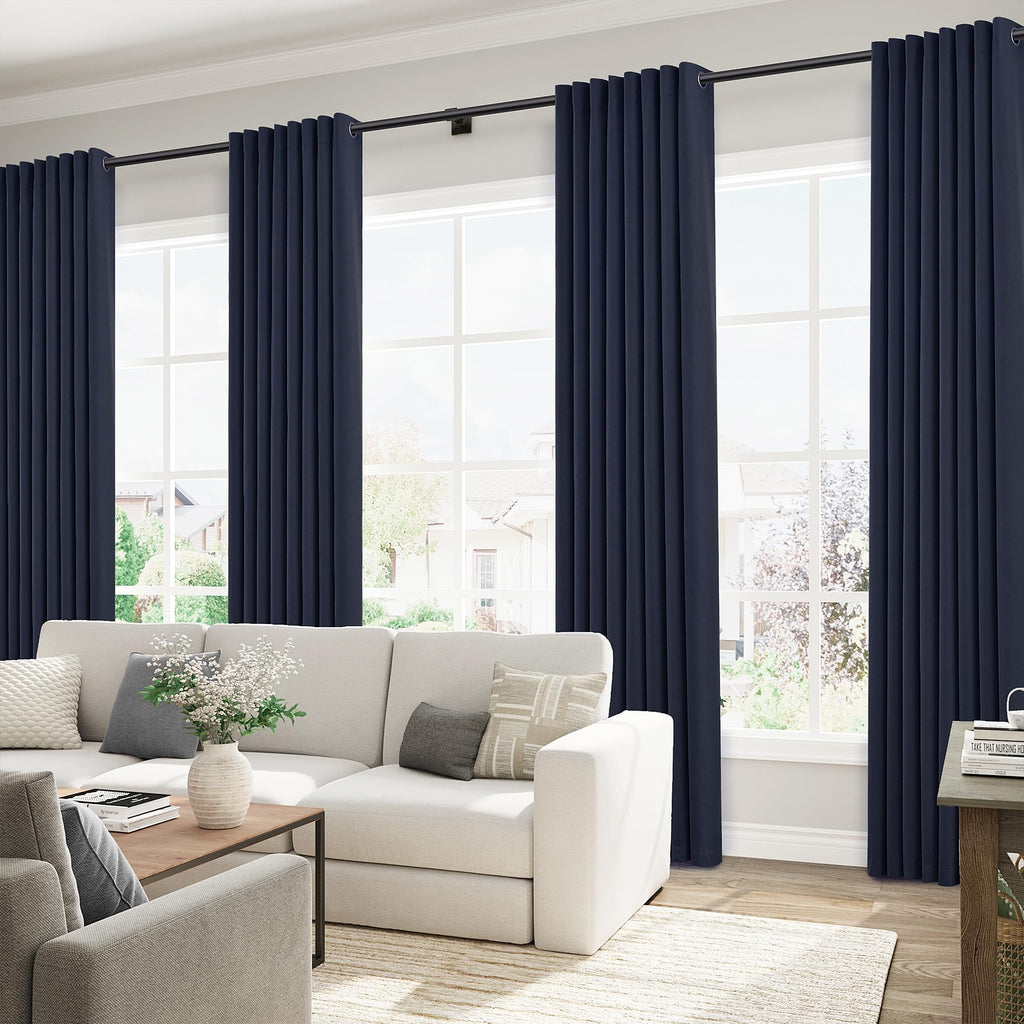 Navy Blue Linen Grommet Blackout Curtains 90 Inch Long