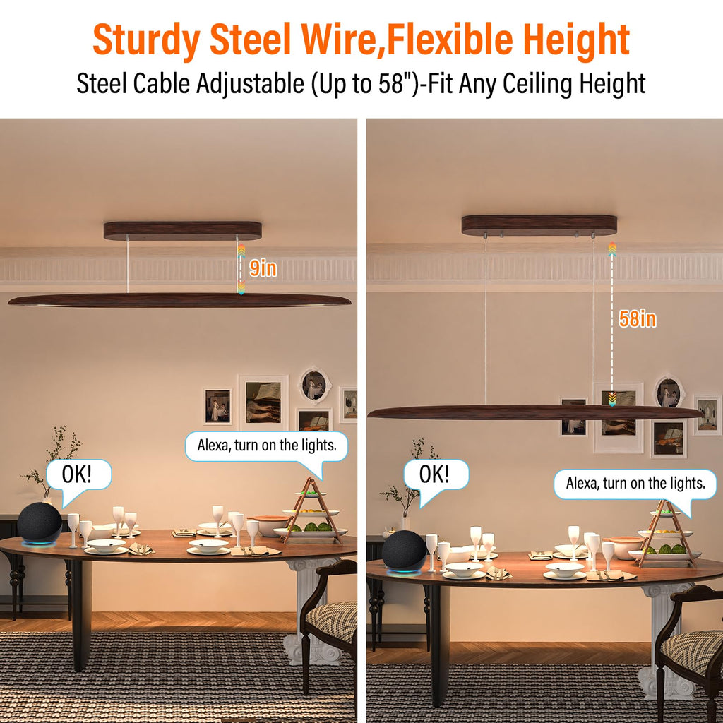 44" Wood Linear Pendant Light, 30W LED Dimmable Island Lights