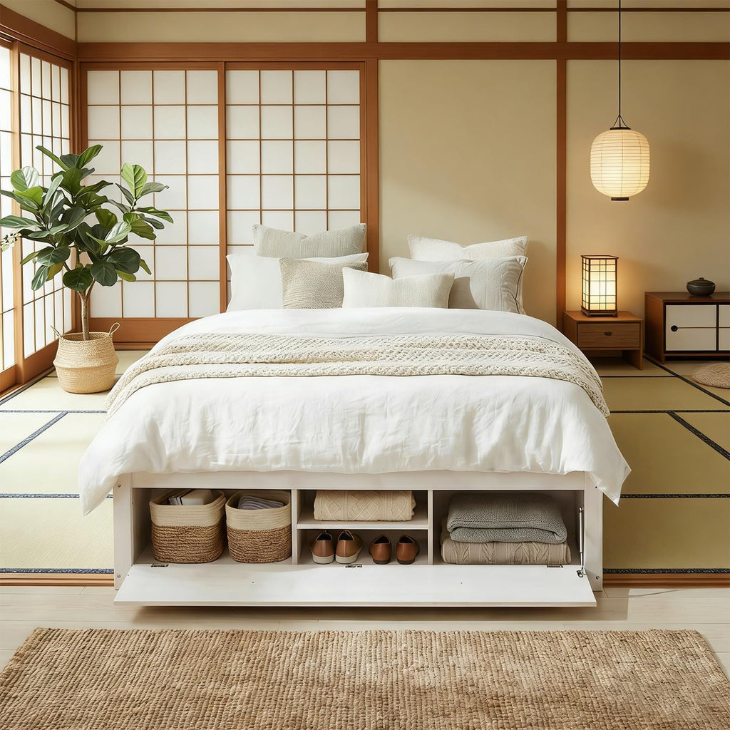 Farmhouse Wood Bed Frame, Japanese Low Platform Wooden Beds Frames with 4 Drawers & Concealed Hydraulic
