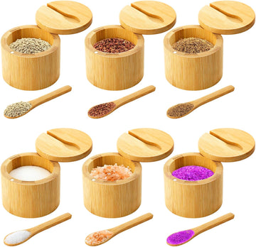 6oz Bamboo Salt Cellar Salt Container with Magnetic Swivel Lid & Spoon Bamboo Storage Box Bowl Elegant Kitchen - Set of 6