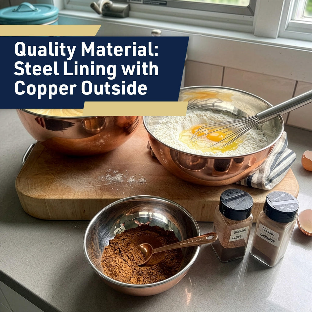 Copper Mixing Bowls - 3 Piece Bowl Set for Cooking, Baking, Serving, and Prepping - Copper Stainless Steel Mixing