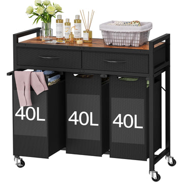 Sorter 3 Section, 120 L Laundry Hamper with 2 Drawers & 2-tone Top Panel, Rolling Laundry Basket Organizer with