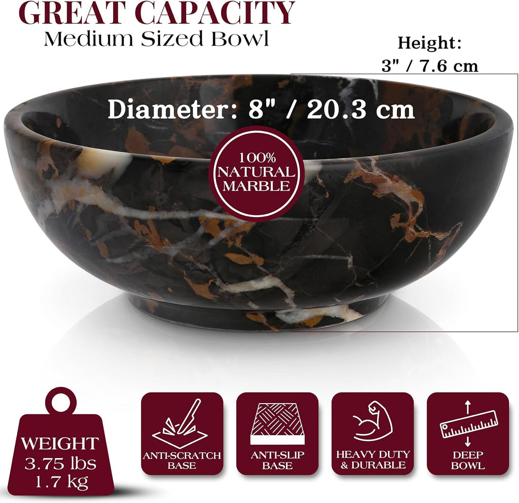 8" Luxury Black Marble Decorative Bowl for Coffee Table - Elegant Decorative Fruit Bowl Counter - Heavy Stone
