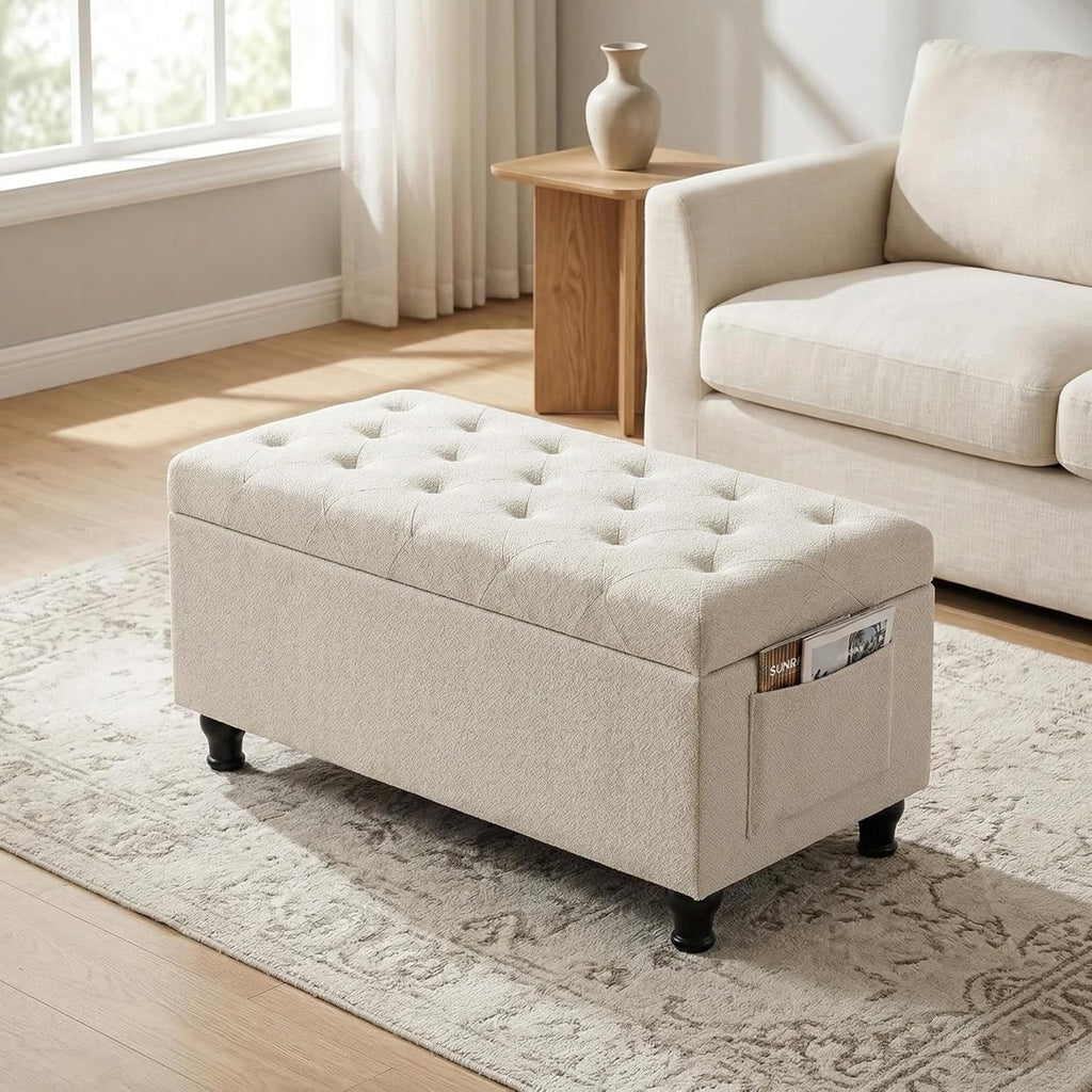 32'' Beige Fabric Upholstered Ottoman Storage Bench | Upholstered Ottoman with Storage , Entrance Foot Rest Stool