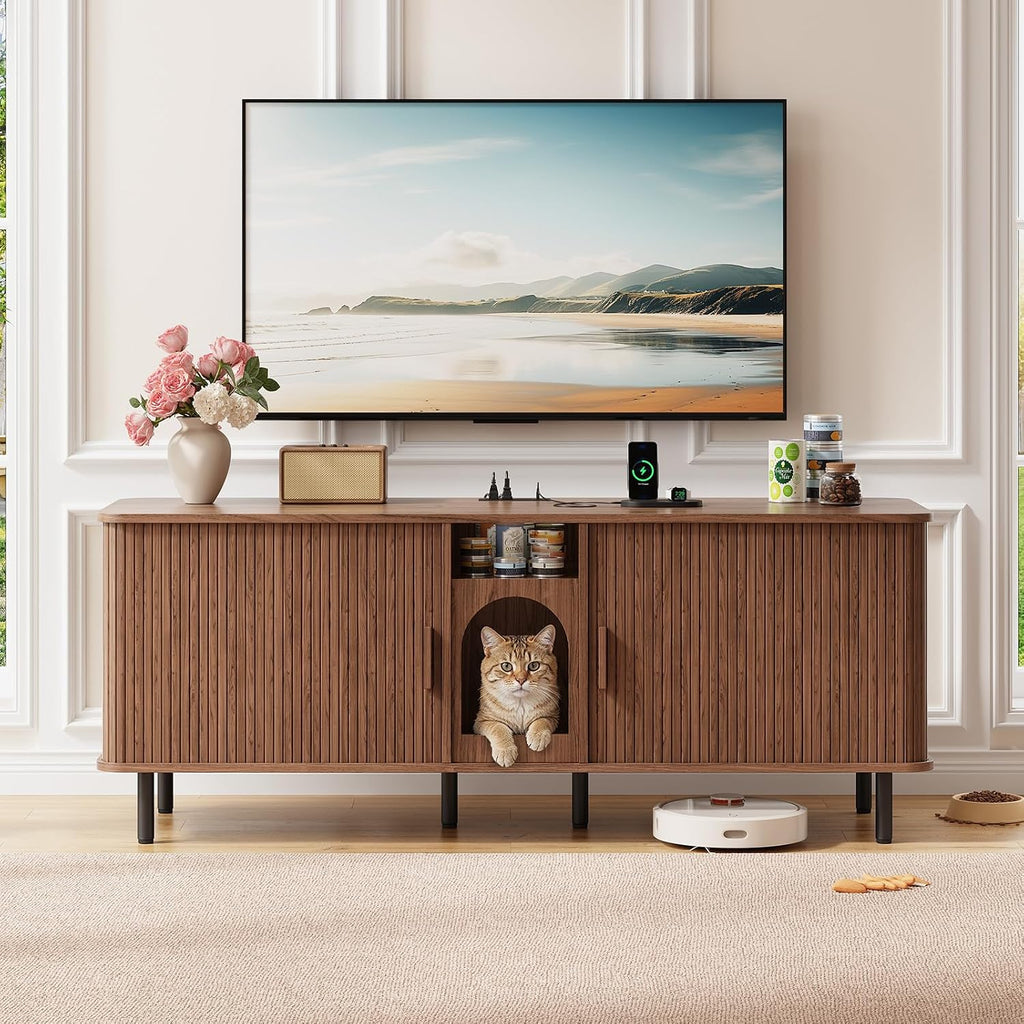 65 Inches Cat Litter Box Enclosure for 2 Cats, Walnut