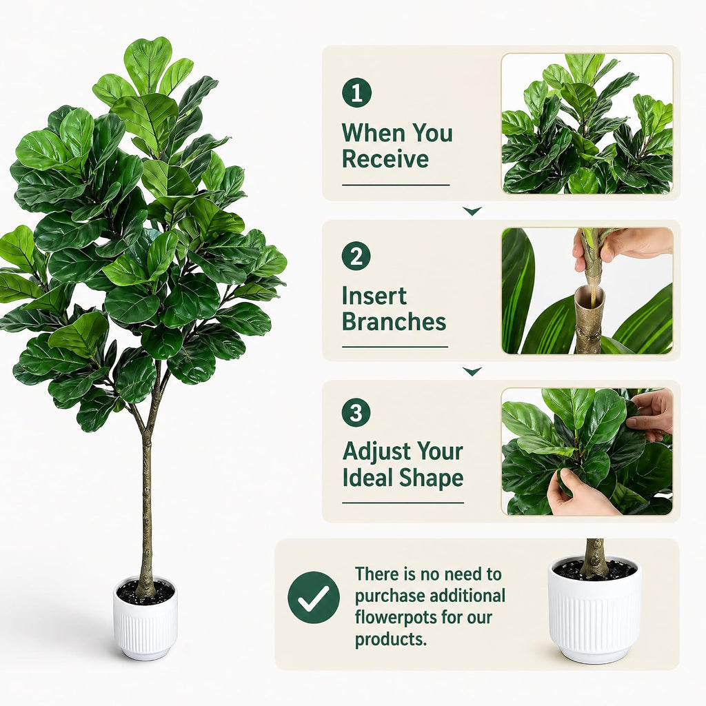 6FT Fiddle Leaf Fig Artificial Tree, Silk Fake Ficus Tree with White Planter, Indoor Faux Fiddle Leaf Fig Tree