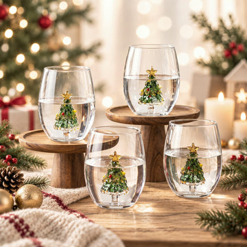 4 Pcs Christmas Wine Glasses with Figurine Inside, Classic Red Tree