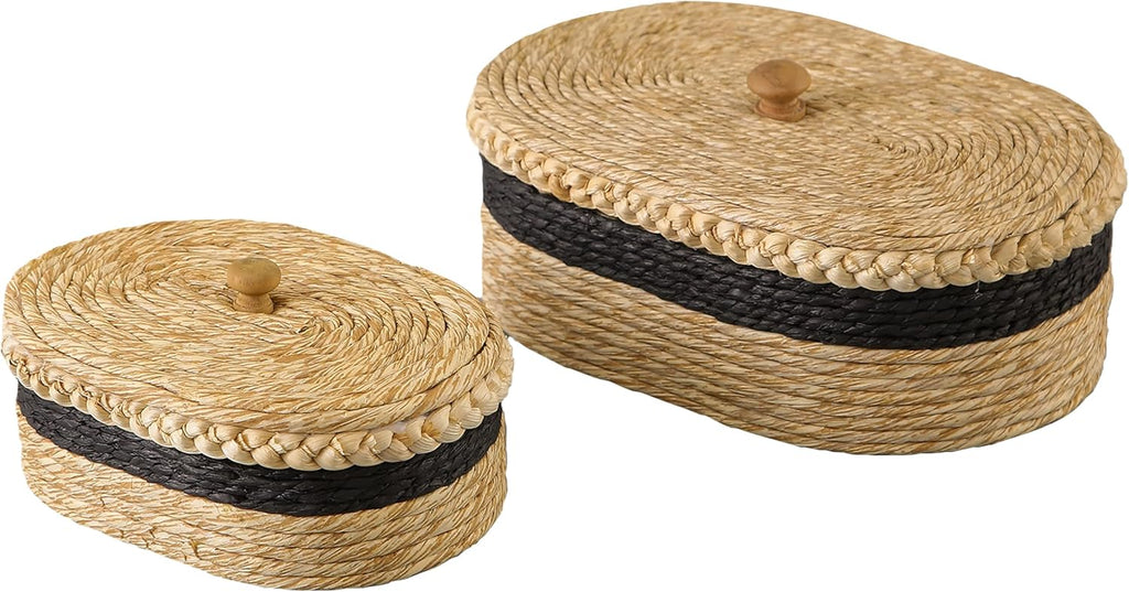 Set of 2 Woven Basket with Lid, Oval Decorative Storage Rattan Box for Shelf Decor/Organization, Boho Jewelry
