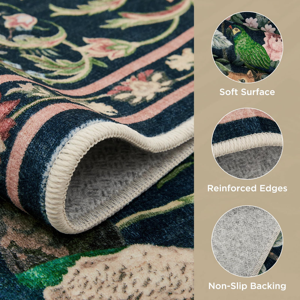Area Rugs, Washable Boho Floral Large Carpet Black