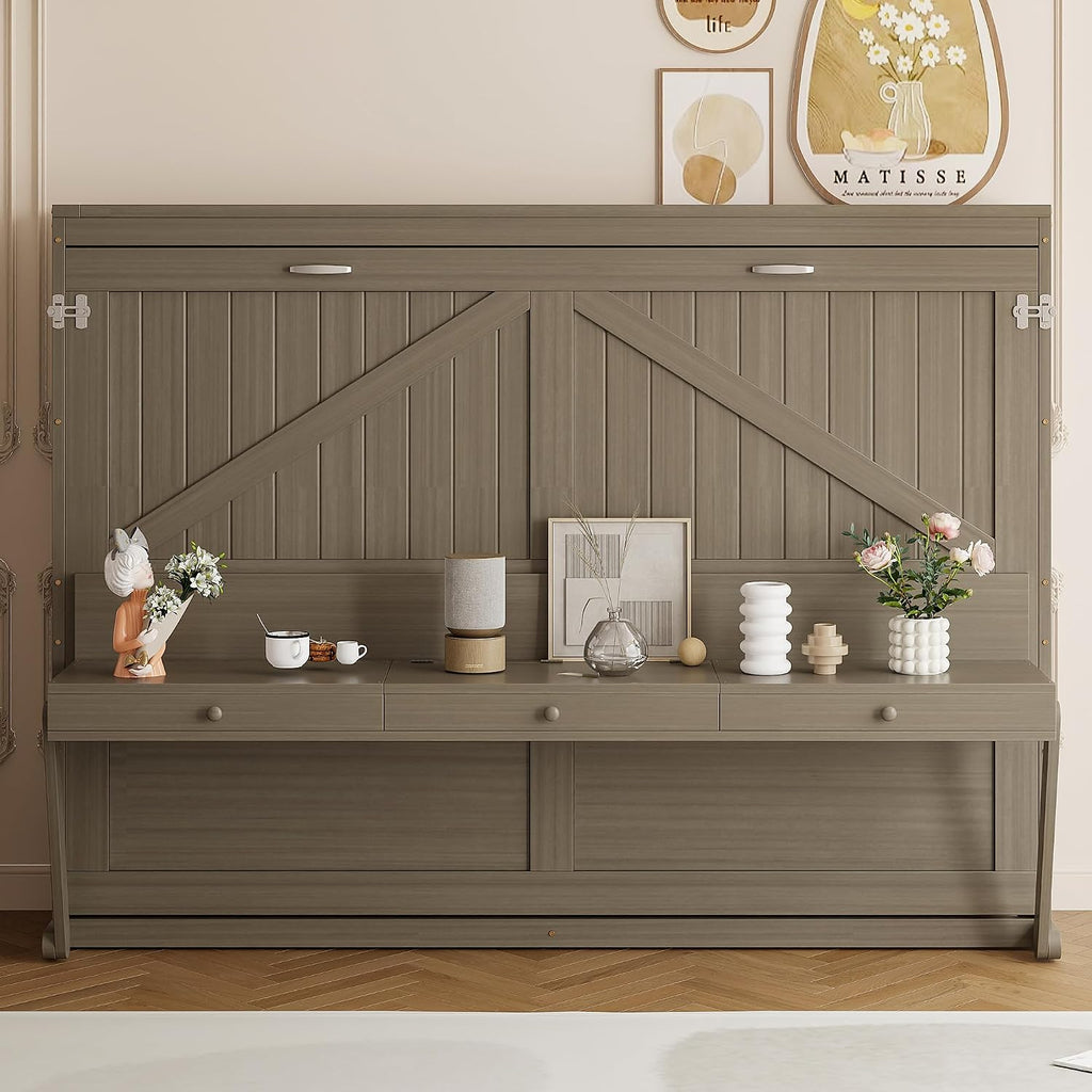 Queen Horizontal Murphy Bed with Desk and Storage Drawers & Mirror, Wood Farmhouse Folding Murphy Bed Cabinet with
