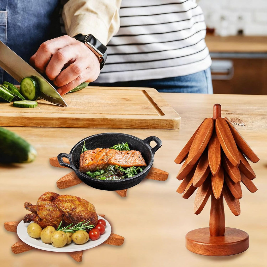 Wooden Tree Trivet Set - Natural Wood Coasters Trivets for Hot Dishes, Christmas Tree Trivet for Hot Pots Pans - Set of 4