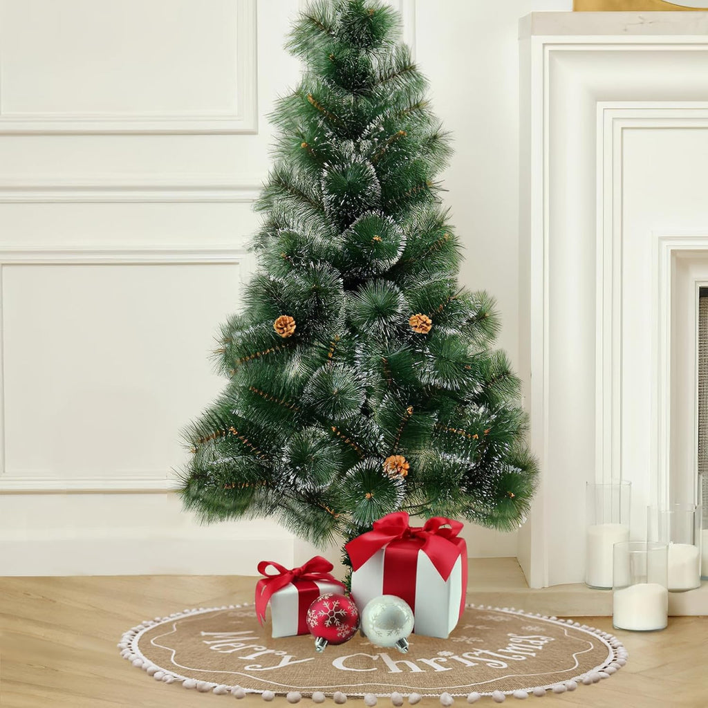 Farmhouse Christmas Tree Skirt 48 inches with White Pom Pom