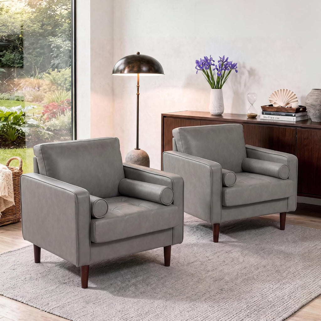 34.5" Arm Chairs, Modern Faux Leather Accent Chair, Dark Gray - Set of 2