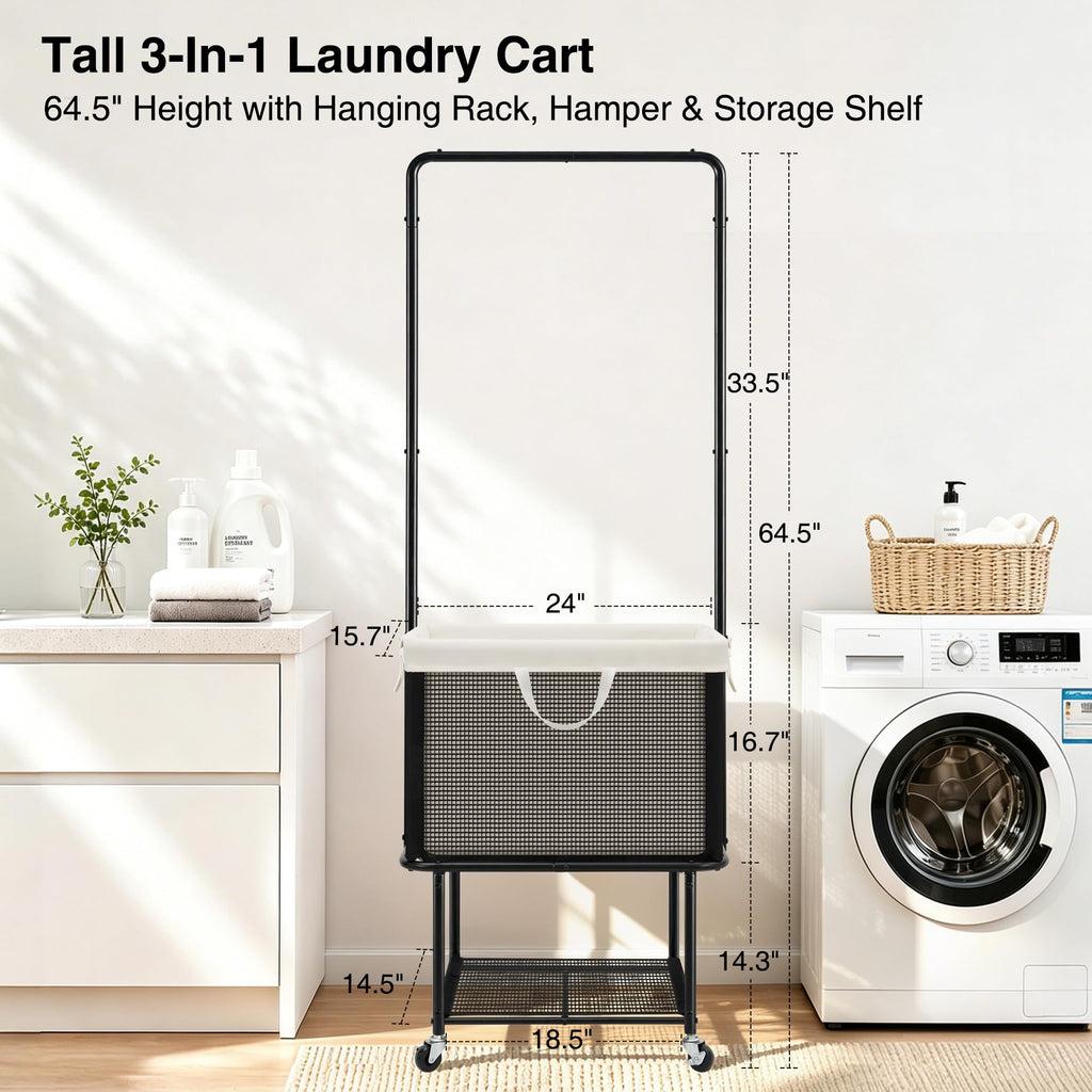 Rolling Laundry Cart with Hanging Bar, Laundry Hamper with Wheels