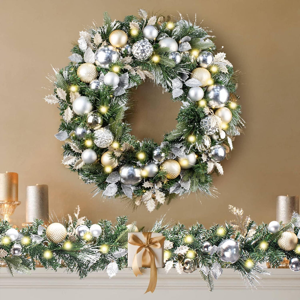 30 Inch Pre-Lit Soft Gold Silver Christmas Wreaths for Front Door
