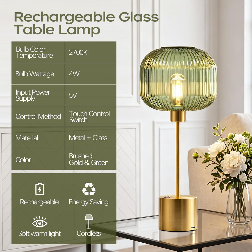 Rechargeable Cordless Glass Table Lamp, Modern Bedside Lamp