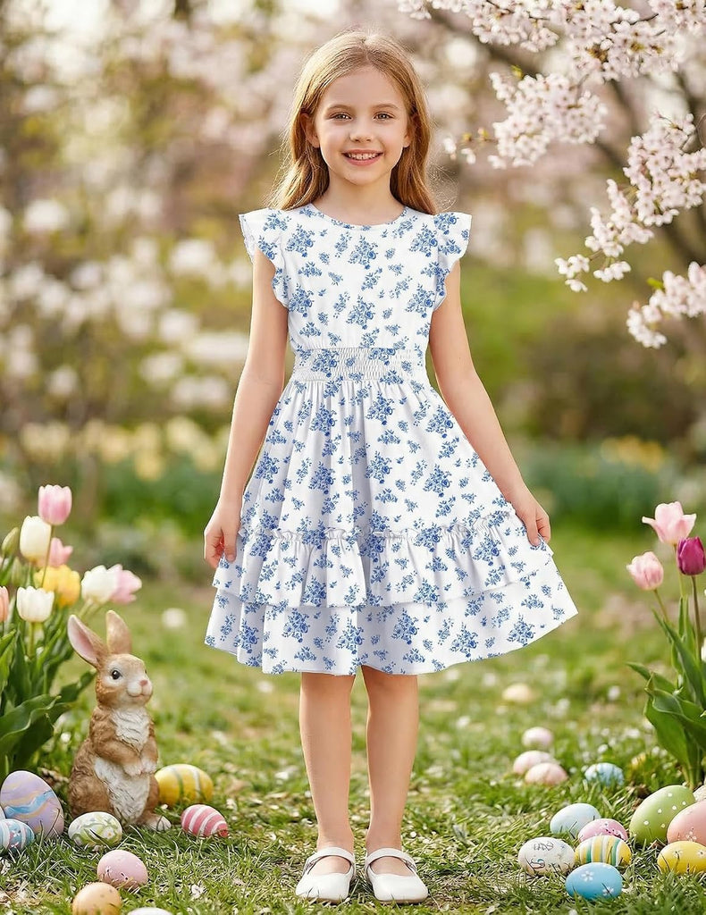 Girls Dresses Flutter Sleeve A-Line Sundress Casual Summer Tiered Swing Midi Pocket Dress