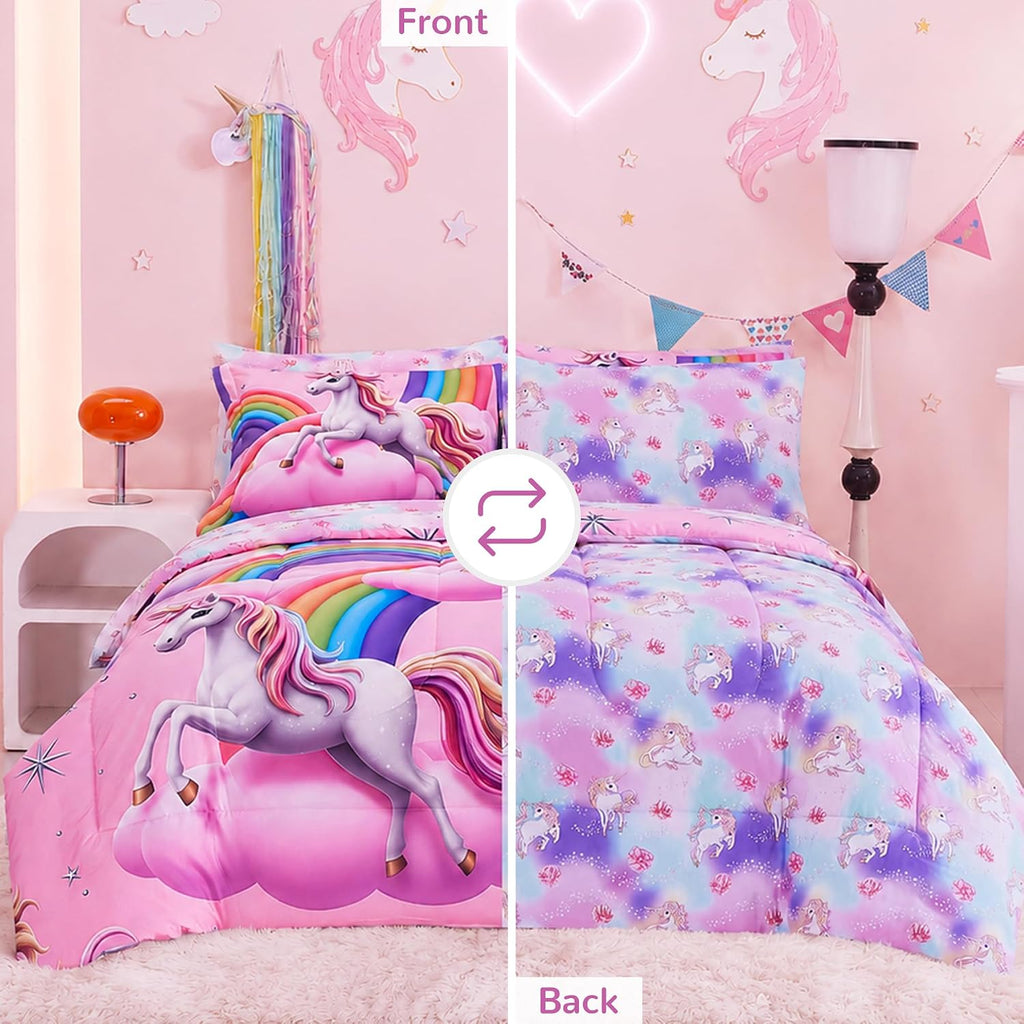 Kids Full Bedding Sets for Girls, Soft Full Comforter Set with Sheets, 7 Pieces Microfiber Bed in a Bag, White
