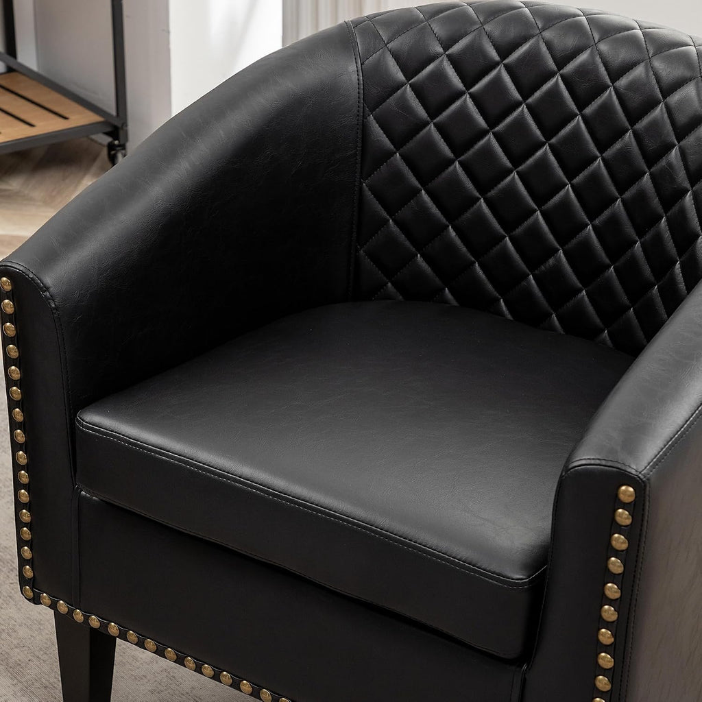 29" W Faux Leather Tufted PU Barrel Club Chairs, Black - Set of 2