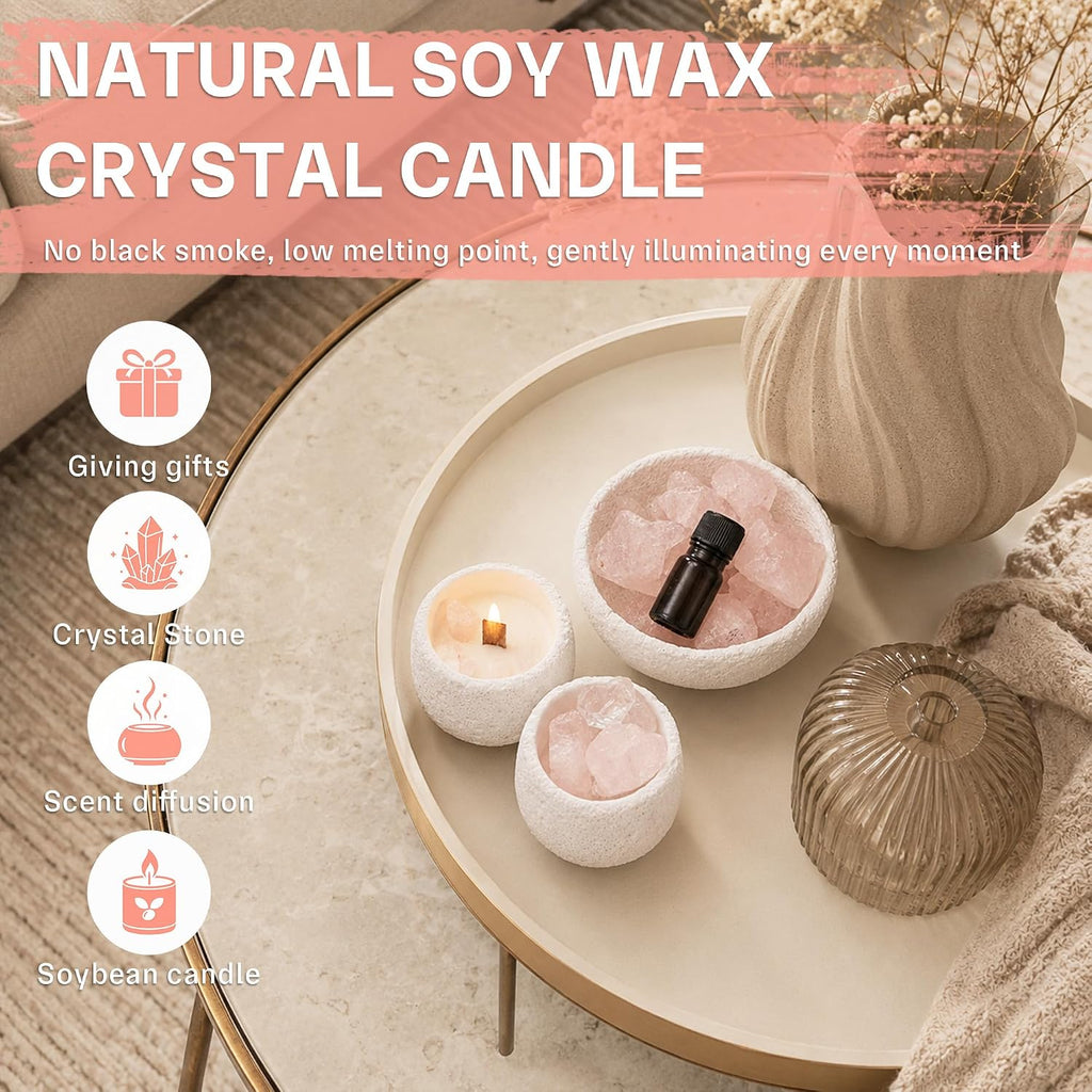 Pink Quartz Crystal Essential Oil Diffuser & Candle Set - Soy Wax Candle, Crystal Diffuser Stones & 10ml Essential