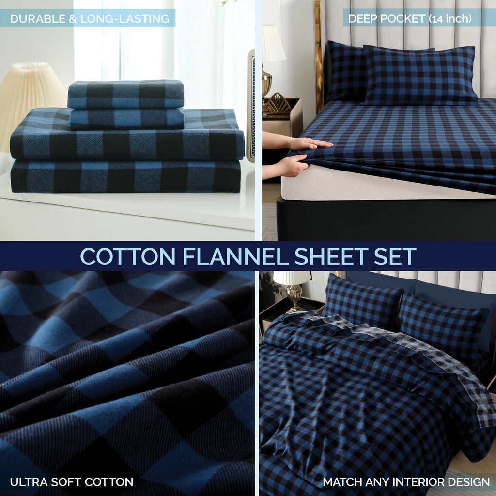 Soft 4-Piece 100% Turkish Cotton Flannel Sheet Set - Premium Quality, Deep Pocket Fitted Sheet, Ultra Soft, Cozy Warm