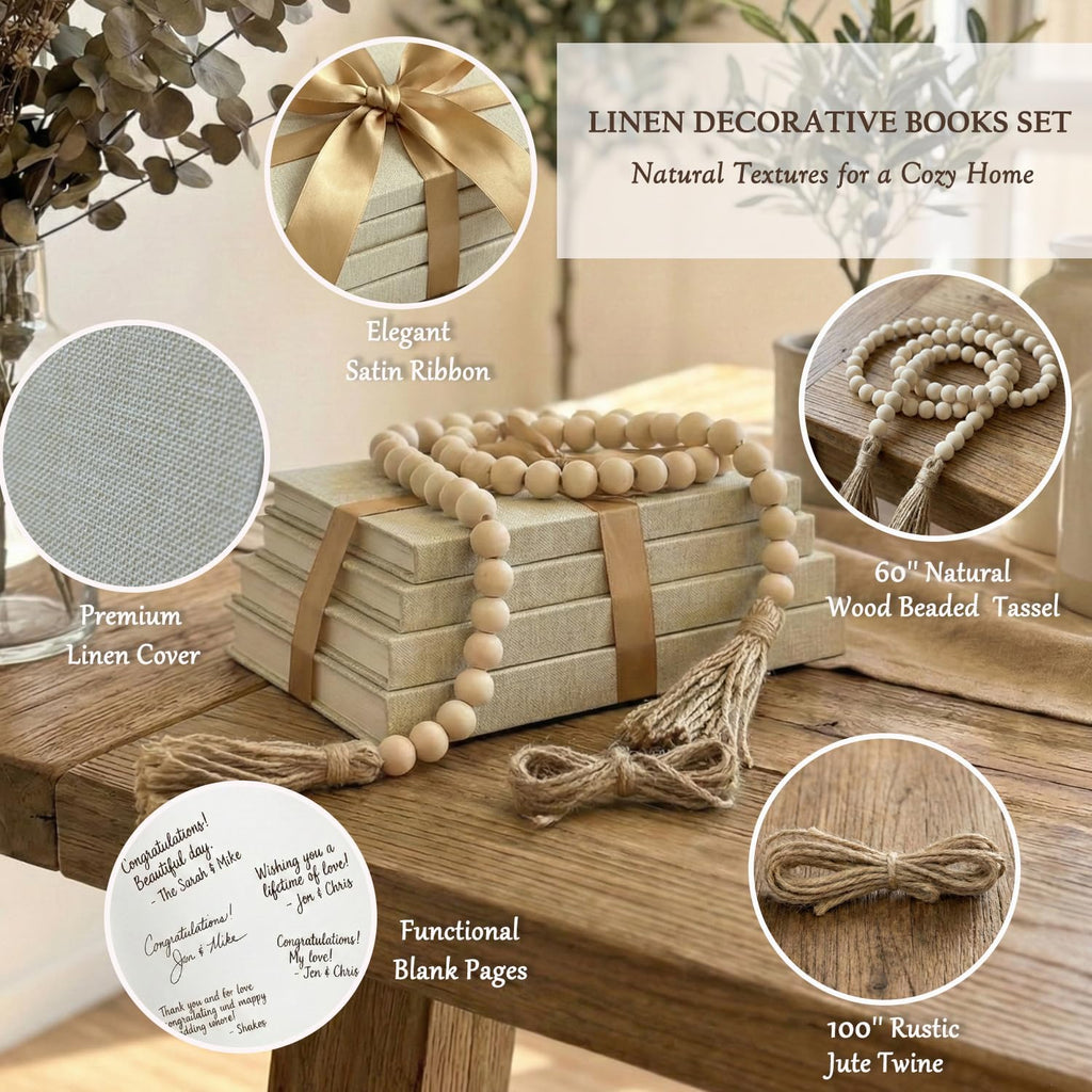 Decorative Books Decor-Set of 4 Real Linen Decorative Books, Stacked Books with Wood Bead Garland, Jute Twine & Satin