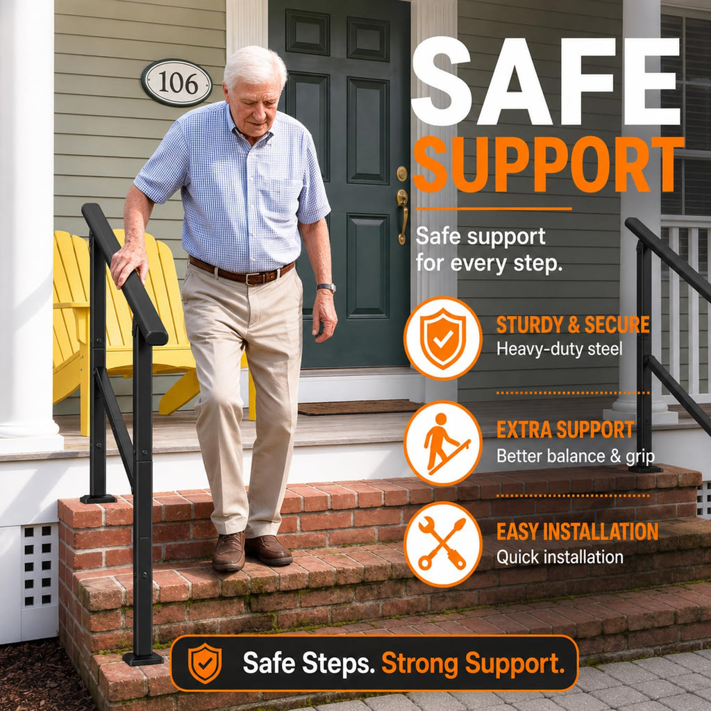 Hand Rails for Outdoor Steps, 2 to 3 Steps Stainless Railing for Stairs, for Seniors & Kids, Outdoor Stair Railing for
