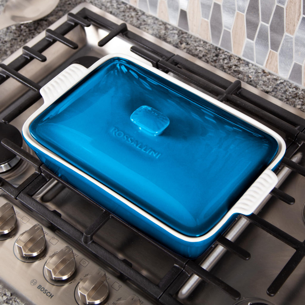 Stoneware Casserole Dish with Lid, 11x9 in, 3.2 Qt, Ocean Blue