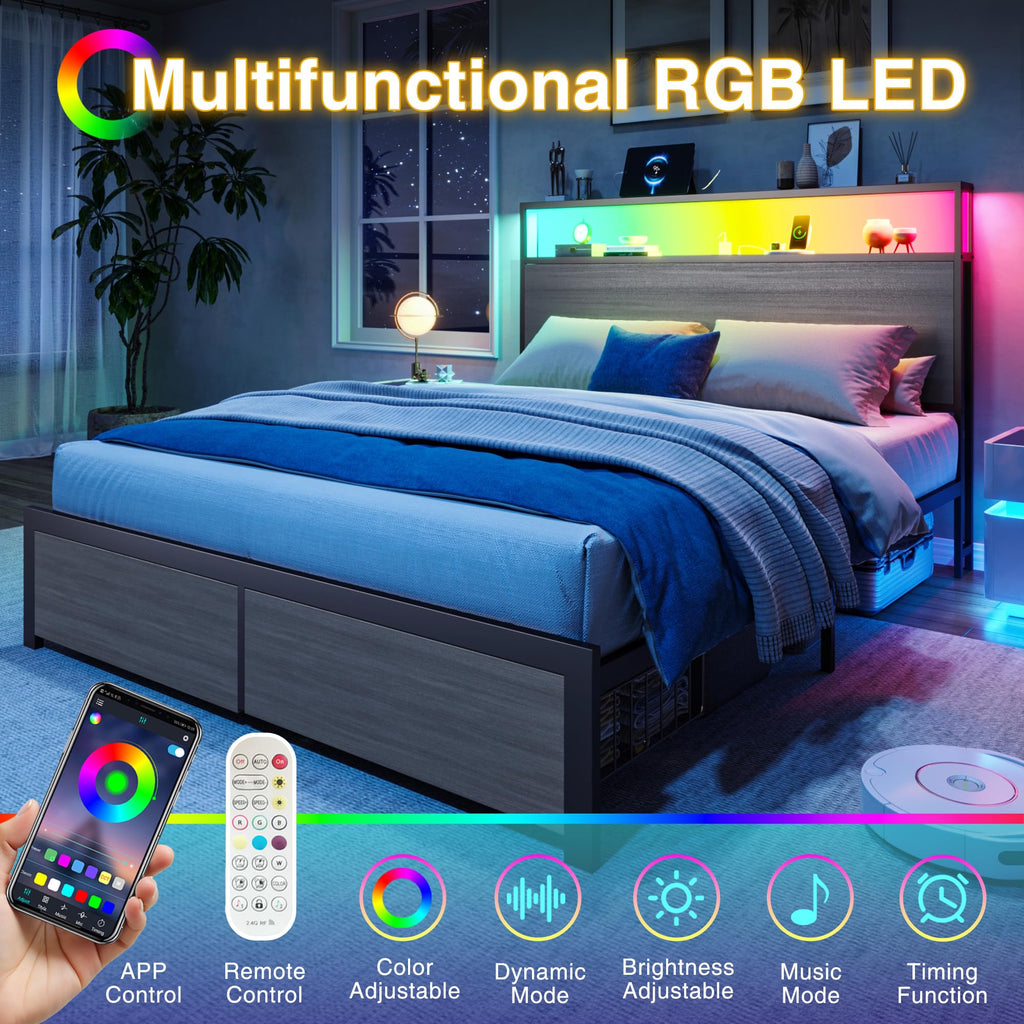 Bed Frame with 2 Drawers, LED Lights, Charging Station, Rustic Grey