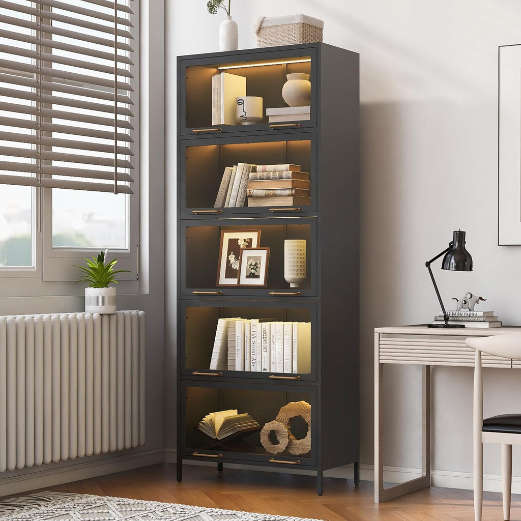 76.75'' Tall 5-Tier Iron Barrister Bookcase, Display Cabinet with LED Strips, Flip-Up Slide-In Glass Doors & Vintage