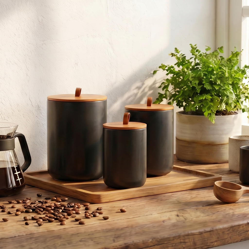 Black Ceramic Food Storage Canister Set (30 oz, 48 oz, 82 oz) with Bamboo Lids, 3-Piece Airtight Jars for Flour