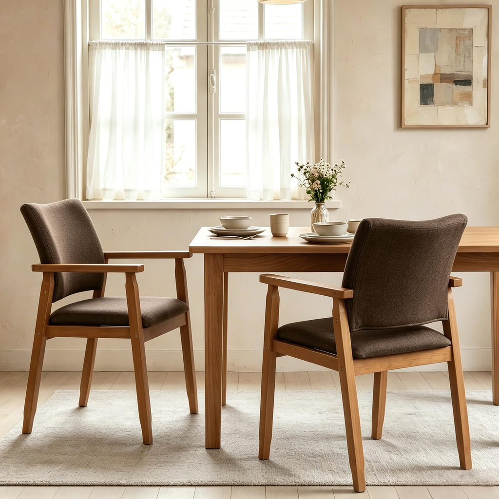 Linen Fabric Dining Chair with Arms, Solid Wood Frame, 320 lbs Load Capacity, Mid-Century Modern Upholstered Side