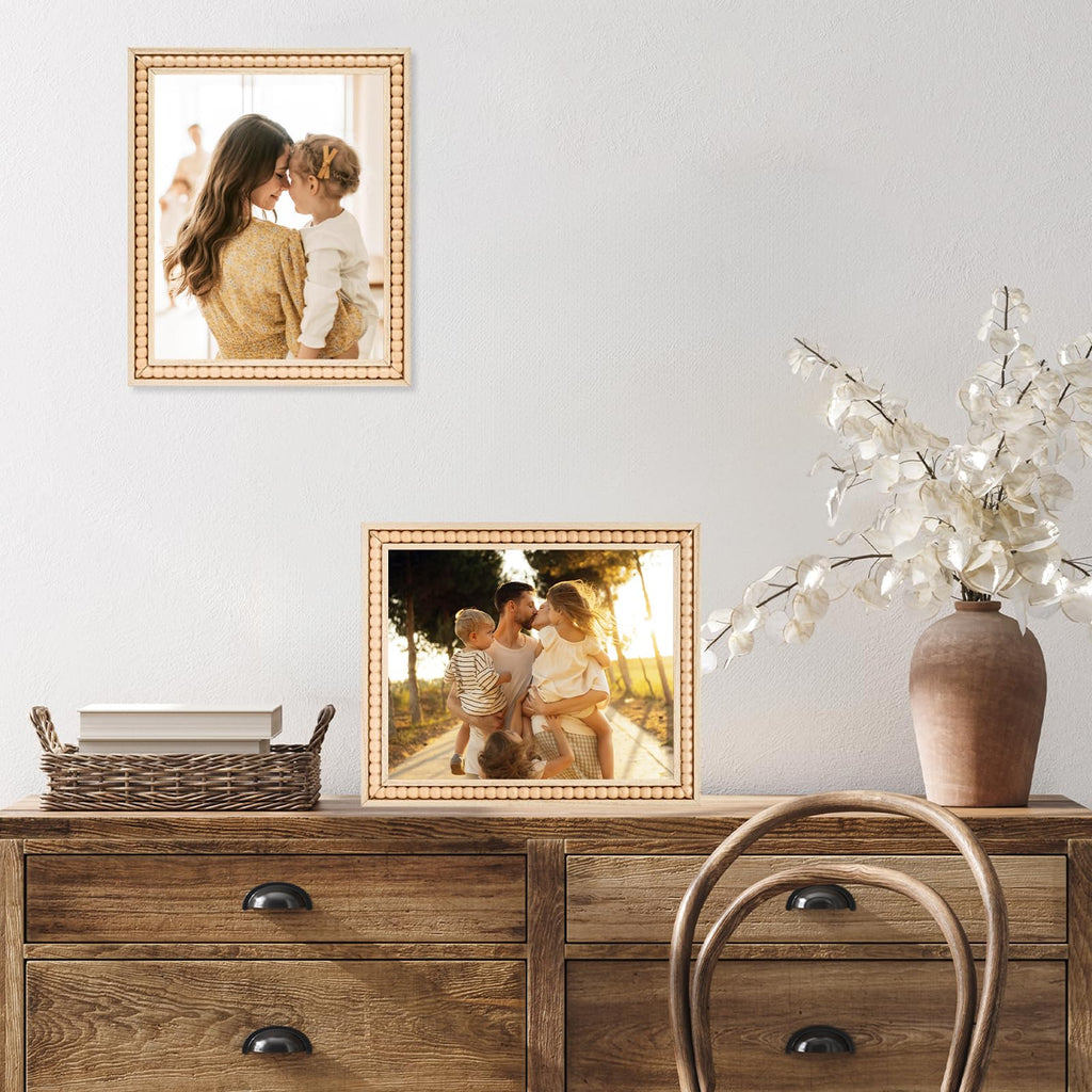 Wood 8x10 Picture Frame with Decorative Beads for Wall Decor or Tabletop, Boho Rustic Handcrafted 8 x 10 Frame with