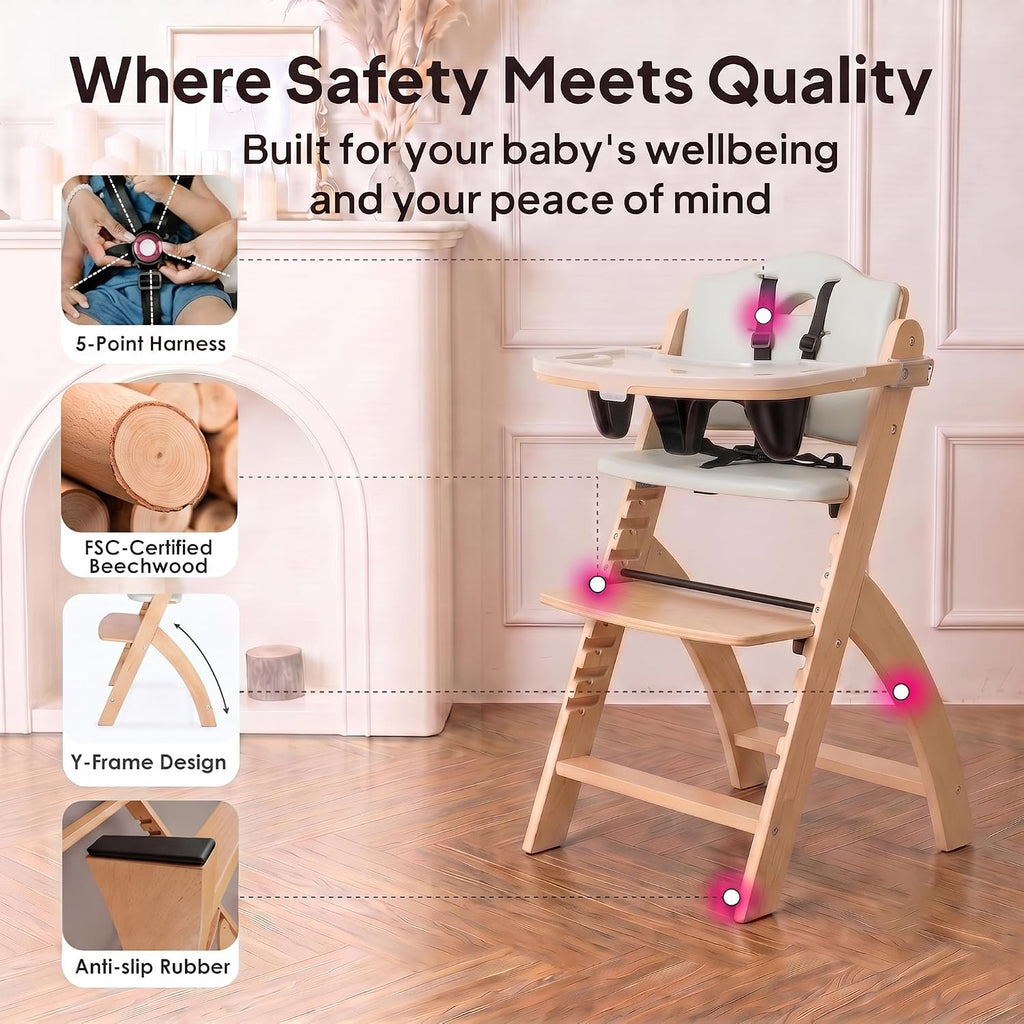 Beyond Junior Convertible Wooden High Chair with Removable Tray | 3-in-1 Adjustable Highchair for Babies & Toddlers