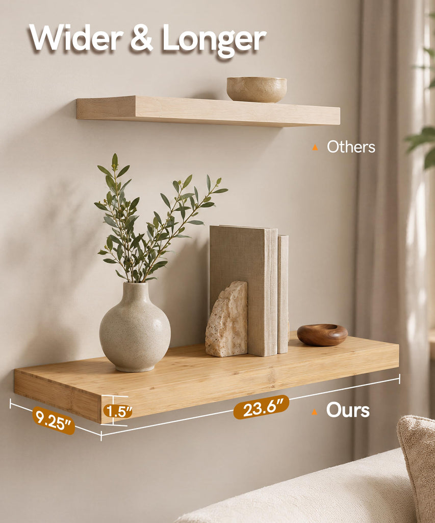 Bamboo Floating Shelves for Wall, 9.25 Inch Deep Unfinished Shelves